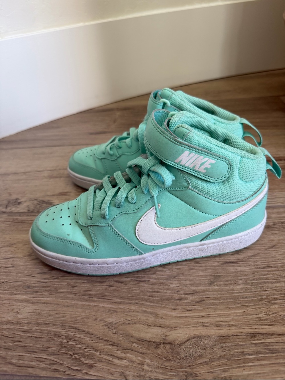 Nike Kids Mint Green High-Top Sneakers with White Swoosh